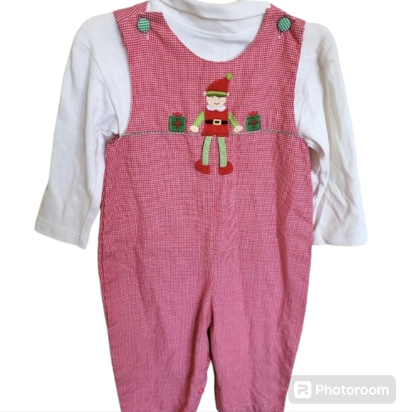 Petit Ami Boutique Red Checkered Christmas Elf Overalls Turtleneck Size 18 Month - Picture 1 of 13